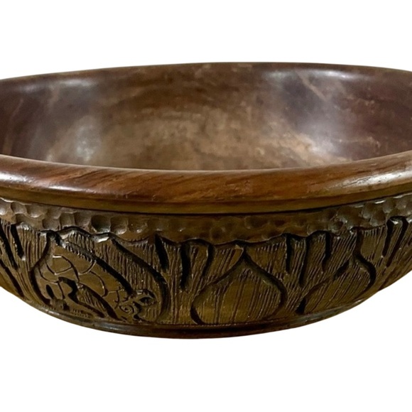 African Hand Carved Wooden Bowl Safari  Animals Decorative Dhallow Dish 10” - Picture 1 of 8